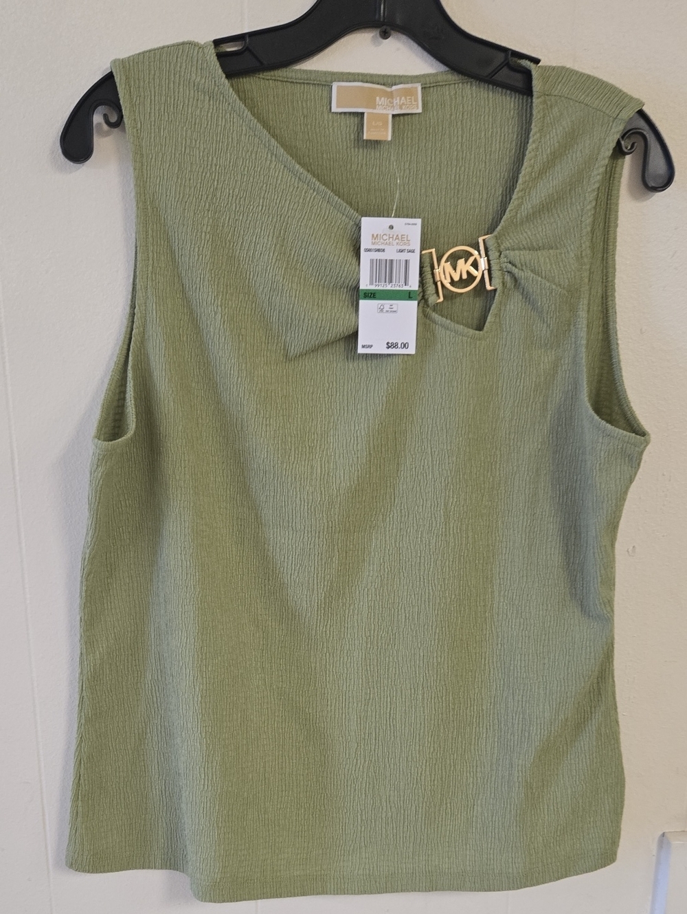Michael Kors Light Green Sleeveless Textured Tank with Gold MK Accent